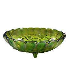 Vintage Indiana Glass Green Iridescent Harvest Fruit Carnival Footed Bowl picture