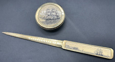 Vtg. Barlow Brass Faux Scrimshaw Ship Paperweight & Letter Opener picture