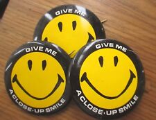 Lot 3 Vintage Give Me a Close-Up Smile Iconic Yellow/Black Smiley Face Pinback picture