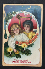 Postcard Wishing You A Merry Christmas Candles Tree Moonlight 1908 Postmark picture