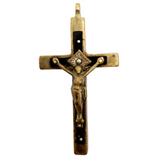 Antique Cross Pendant 1800s Brass and Wood Crucifix 3