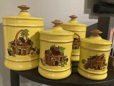 Vtg 1970s Kromex Aluminum Canister Set Of 4 Yellow Strawberry Basket Wood USA picture
