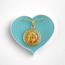 Pretty Vintage Goldtone Decal Madonna Mary and Child Goldtone Pendant Necklace picture