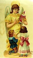 1880's Lovely Christmas Angel Kids Praying Chocolat Poulain Victorian Card *R picture