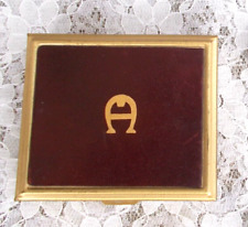 Vintage ETIENNE AIGNER Pill Box, Oxblood Leather & Brass with Divider & Tweezers picture