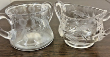 Lot of 2 Vintage Wheel-Cut Glass Double Handled Open Sugar Bowls Flower/Wheat picture