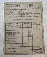 Vintage 11-10-1944 Payroll Check Stub $1.25/hr @ 40 Hours No. 1963 picture