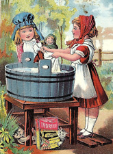 1880s Ivorine Trade Card Cleanser Washing 2 Girls Soap Victorian Doll Cat Tub picture