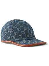 Gucci GG Supreme Monogram Raw Denim Canvas Baseball Cap Hat Brown Leather Brim~ picture