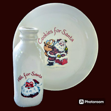 Kringle's Kitchen SET Cookie Plate & Milk bottle Fun Retro Graphics Jolly Santa picture