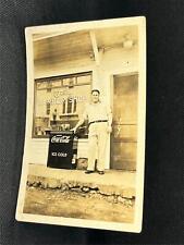 RPPC TEX'S BARBER SHOP MAN POSED NEXT TO A COCA-COLA ICE COOLER WELLS, ME PM picture