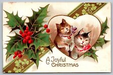 A Joyful Christmas Antique Postcard w/Cats and Holly Design (Beautiful Artwork) picture
