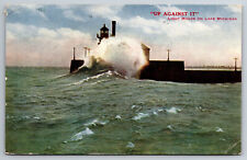 Vintage Postcard MI Lake Michigan Lighthouse Big Waves c1911 ~6606 picture