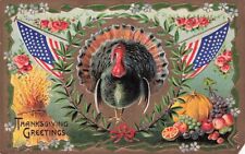 Vintage Artist Postcard Thanksgiving Turkey Two US Flags Patriotic 1910 picture