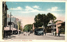 Main Street Looking East Trams Bikes Shops Webster MA Divided Postcard c1915 picture