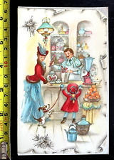 Vtg 60s Art Deco Christmas Girl & Puppy Candy Shop Silver Glitter Accents Card picture