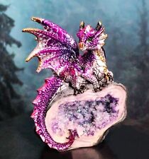 Metallic Purple Iridescent Wyrmling Dragon On Faux Geode Crystal Rock Figurine picture