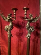 Antique Bronze Pair Candle Holders Mermaids Angels Heavy 24” Tall  picture