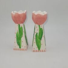 Pair of Ceramic Tulip ~ Pink and Green ~ Taper Holder ~ EUC picture