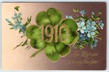 1910 HAPPY NEW YEAR LARGE NUMBER 4-LEAF CLOVER EMBOSSED ANTIQUE POSTCARD picture