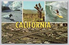California Greetings, Skiing Surfing Joshua Trees Freeways, Vintage Postcard picture