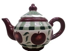 Large Ceramic Apple Tea Pot  Green, White, Plaid Young's Exclusive  1999  picture