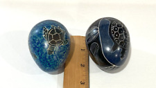 Lot 2 Kenya Hand Crafted Tribal Carved Soapstone Eggs TURTLE design Blue Black picture