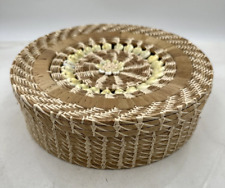 VTG Woven Grass & Cowrie Shell Storage Basket w/ Lid Made in Philippines picture