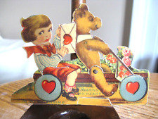 Antique Germany Valentine's Day Mechanical Card Girl & Bear Riding in a Cart picture