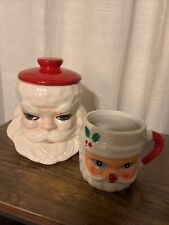 Vtg Lidded Santa Claus Face Jar and Santa Face Mug picture