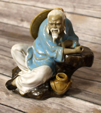 Shiwan Ceramic Glazed Art Pottery Chinese Mud Man Fishing Figurine Sit Vintage picture