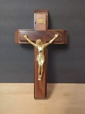 INRI Wooden Wall Cross W/ Slide Box Gold Tone Jesus Christ 12.5