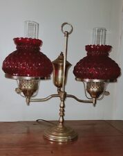 Vintage Brass Student Lamp Double Arm Red Quilted Diamond Glass Shades Electric  picture