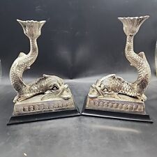 Vintage Pair (2) EPNS Silver Ornate KOI FISH Candle Stick Holders Dolphin 9.5