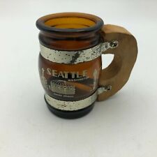 Seattle Space Needle Shot Glass Brown Glass Mini Barrel Mug Wood Handle Vintage picture
