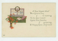 Vintage New Year  Postcard    LOOKING OUT WINDOW  SNOW POINSETTIAS    UNPOSTED picture