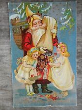 Antique Embossed Christmas Postcard Santa w Bag of Toys & 2 Girls picture