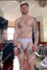 SHIRTLESS MALE BEEFCAKE WHITE JOCKSTRAP VISIBLE ATHLETIC CUP SEXY 4X6 PHOTO JS3 picture