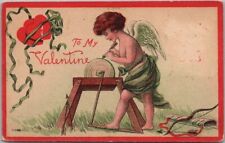 Vintage VALENTINE'S DAY Postcard Cupid Sharpening Arrow / Grinding Stone - 1914 picture