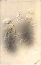 Easter Fantasy Pretty Women Giant Egg Airbrushed Embossed c1910 Postcard picture