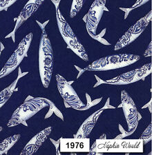 (1976) TWO Individual Paper LUNCHEON Decoupage Napkins  DECORATIVE FISH NAVY WHT picture