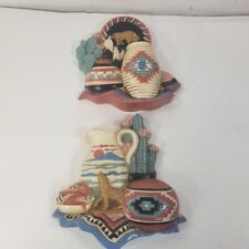 Vintage Wood Carved Native American Wall Hanging Decor Faux-Talavera Cacti etc picture