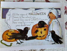 vintage Halloween postcard  little ghost ravens crows birds pumpkin  reproduced picture