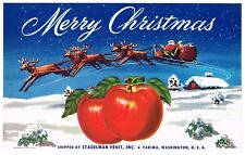 GENUINE VINTAGE APPLE CRATE LABEL 1940S MERRY CHRISTMAS SANTA CLAUS SLEIGH XMAS picture