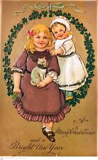Antique Christmas New Years Postcard Girls Cat Glitter Embossed Holiday Dressy picture