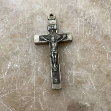 Vintage French pectoral cross nickel inlaid Ebony wood 2⅓” Silver Crucifix Black picture