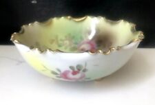 VTG Handpainted 5.5” Tripod Bowl Pink Roses Crimped Gold Rim Unmarked MINT picture