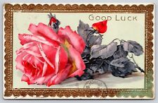 Greetings~Purple Leaves Pink Rose & Good Luck~Vintage Postcard picture