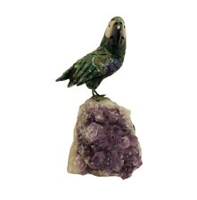 Vintage 8.5” Tall Hand Carved Gemstone Bird on Amethyst Geode Base Rare picture