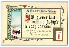 New Year Postcard Friendship Message Burns Horse Sledding Tuck Embossed c1910's picture